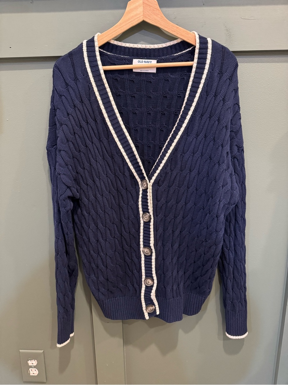 Old Navy Navy Cable-Knit Cardigan with White Trim